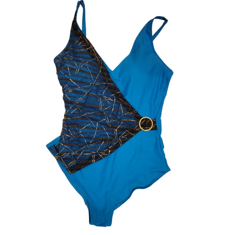 NEW without Tags One Piece Swimsuit Blue Black Mesh/ Gold Accent Sz.14